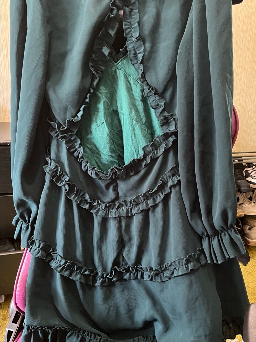 Ruffled Long-Sleeve V-Neck Tunic Dress - Deep Emerald Green - Picture 2 of 2